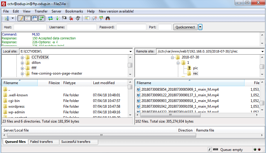 Setup page for the file transfer