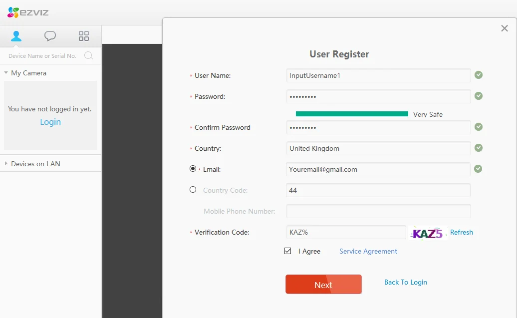register username and password