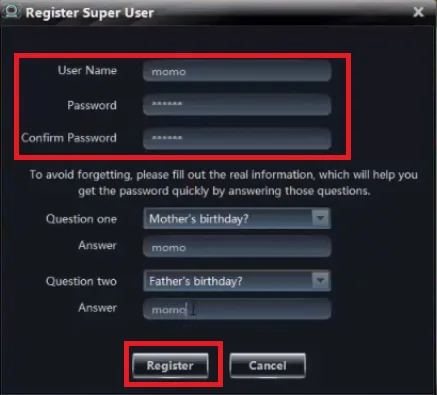 register the username and password