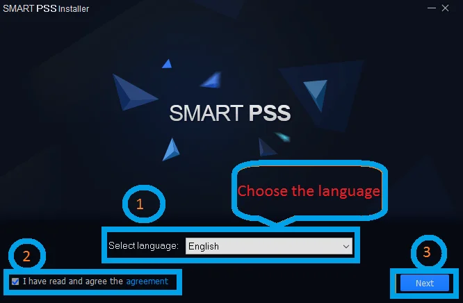 Select language and licence agreement on DMSS