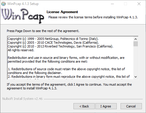License agreement of WinpCap