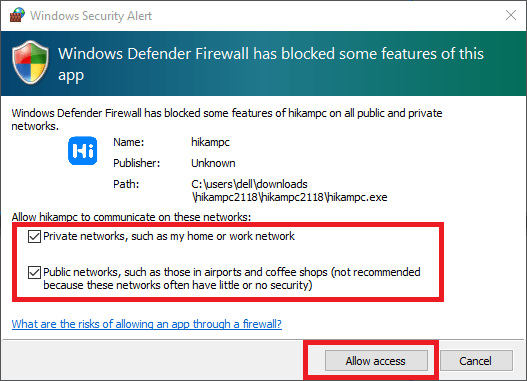 Allow access to windows firewall