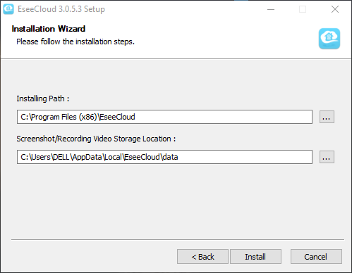 2. Select the file folder to store software's file as well as the recording of the camera. Then click on the "Install" button to start installation.