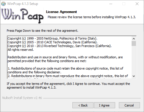 Agreement screen of the WinPCap