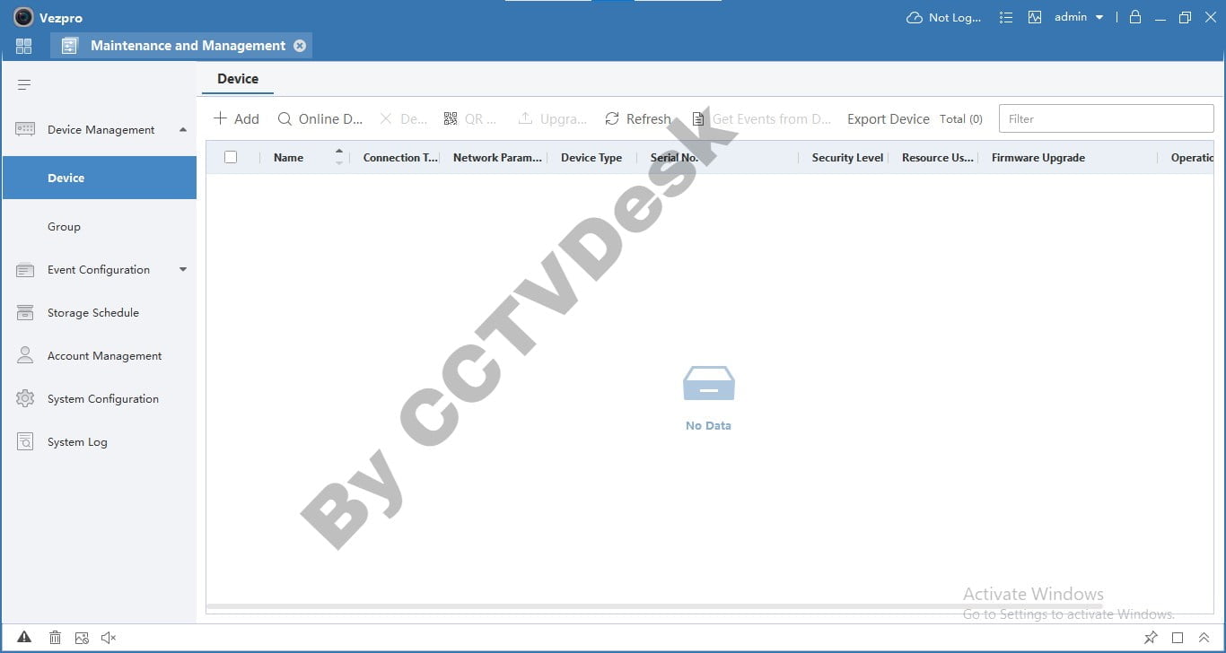 Device Management screen on the CMS client