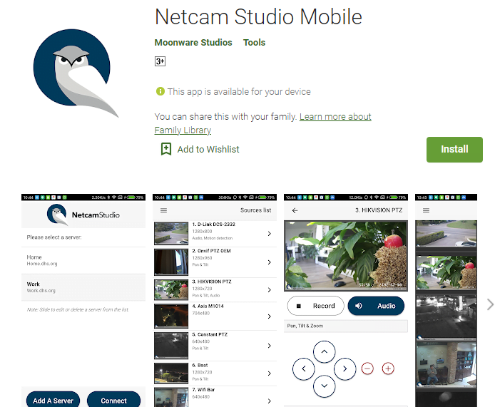 Android Netcam Studio Mobile application page