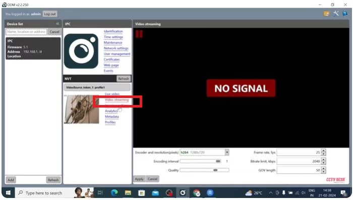 Video streaming window of the application