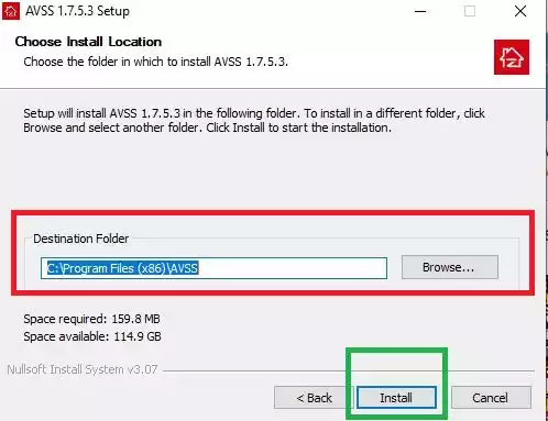select the path and folder location of installed files 