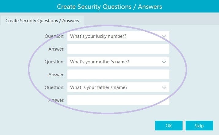 basic questions in case we forget passwords