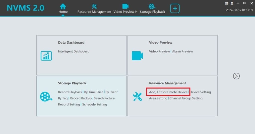 interface page, add cameras and NVRs