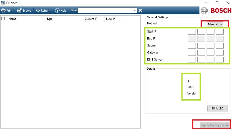 Configure IP address manually via the Bosch Camera IP Tool