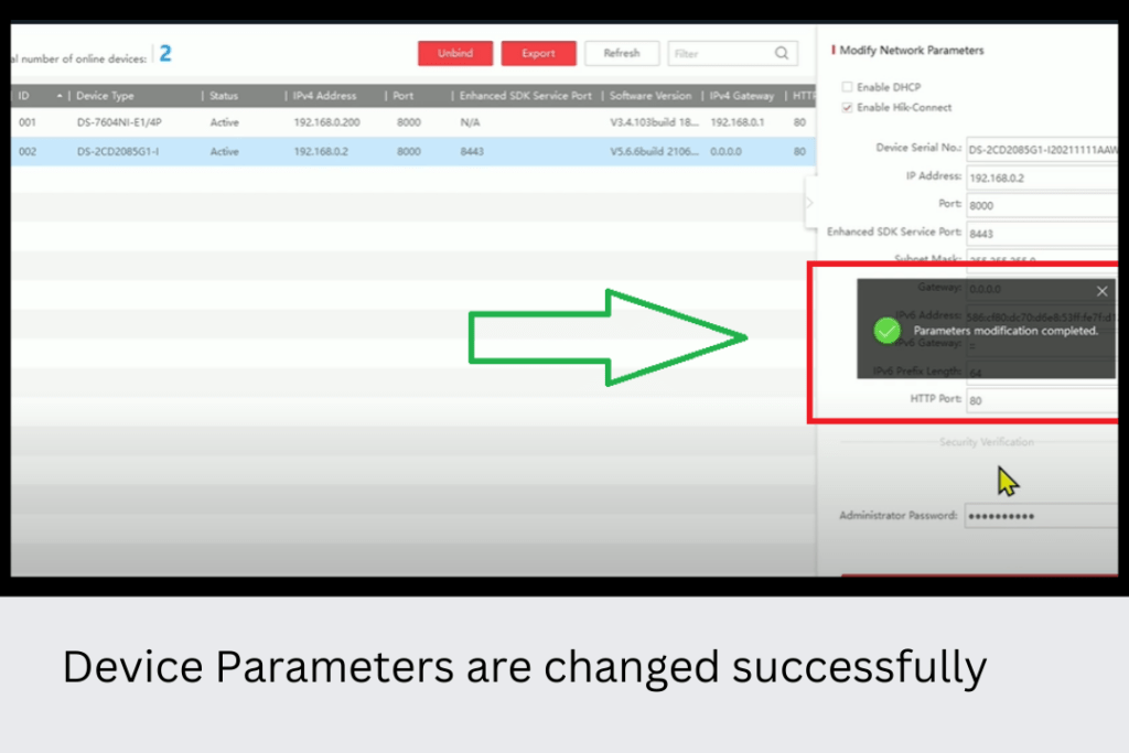 Device parameters are changed successfully