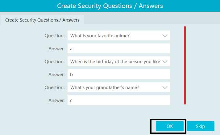 answer these questions for password recovery