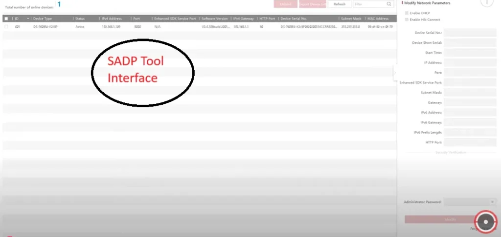 Reset Hikvision NVR Password SADP Tool Page