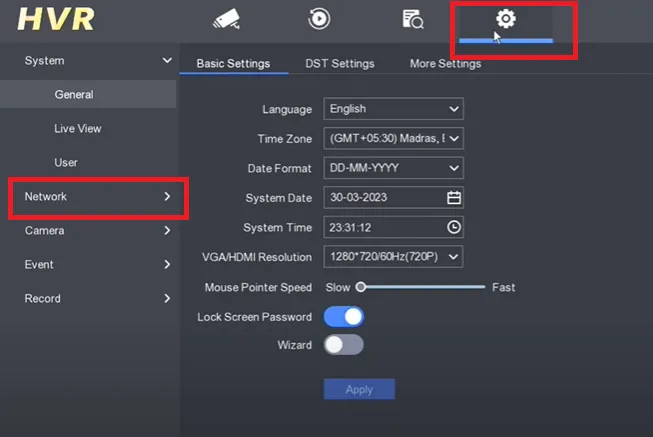 go to the settings option of the NVR