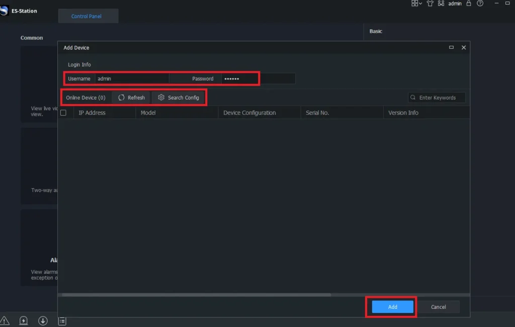 Device Addition page to add cameras