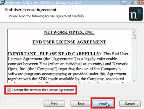 Nx Witness installation and its license agreement