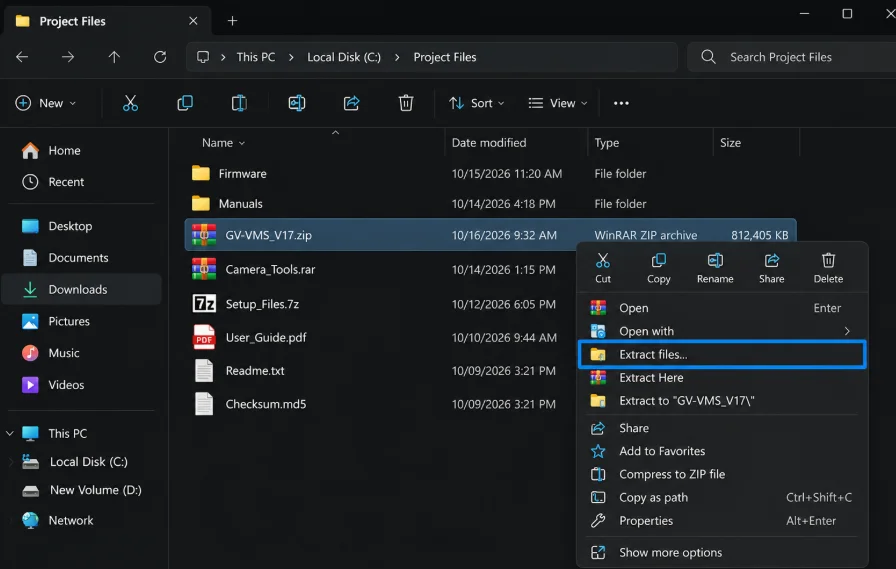 Extract the GeoVision GV-VMS ZIP archive in Windows