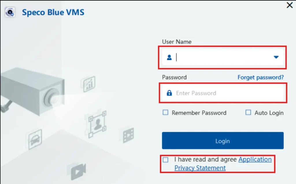 Speco Blue VMS initial login screen