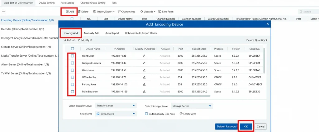 Speco Blue VMS Resource Management and Quickly Add device interface
