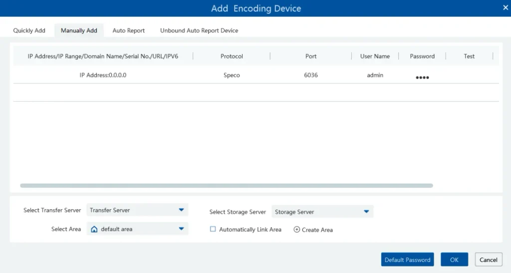 Speco Blue VMS Manually Add device settings